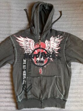 Rare Hard Rock Cafe Winged Guitar Unisex Small Zip Up Hoodie
